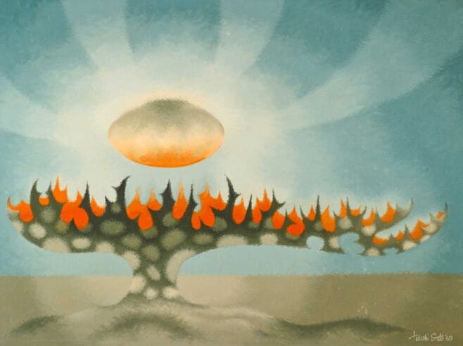 A white orb floats above a spotted orange and black plant-like figure against a blue background.