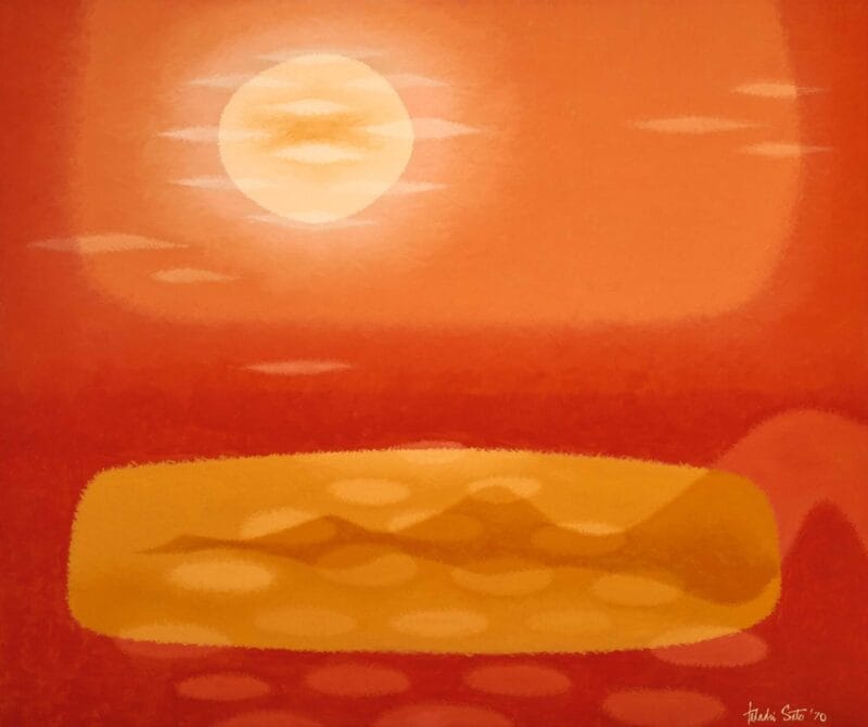 A golden org and large orange rectangle against a background of red with faint circular and squiggly shapes.