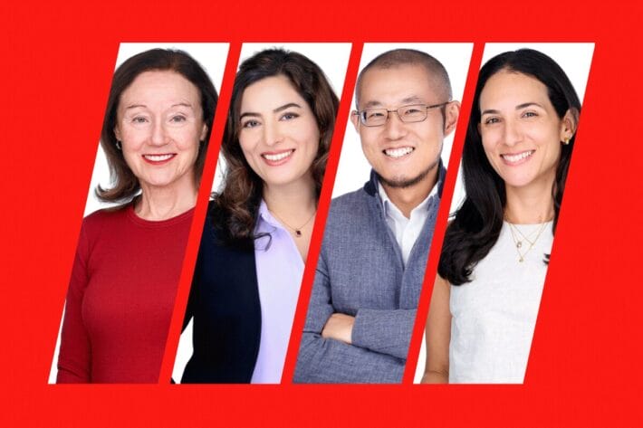 Four diagonal splices featuring portraits of Marianne Bronner, Elham Azizi, Guosong Hong, and Maayan Levy, against a red background.