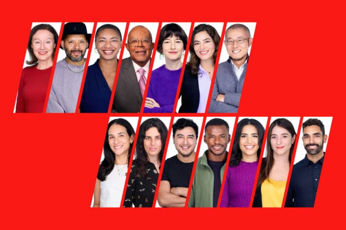 Diagonal splices with portraits of the 14 prizewinners.