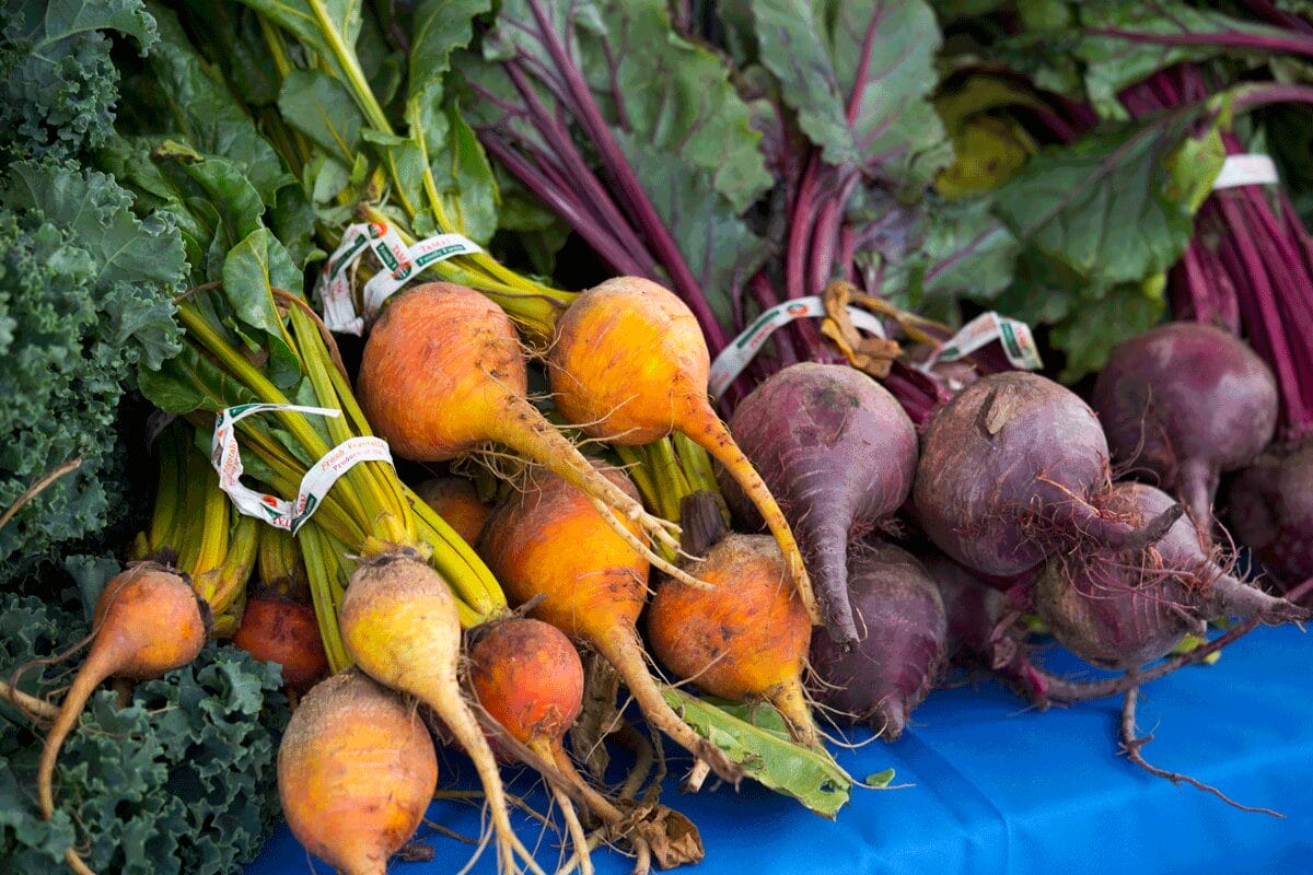 Golden beets and red beets stacked on a table with a blue tablecloth.