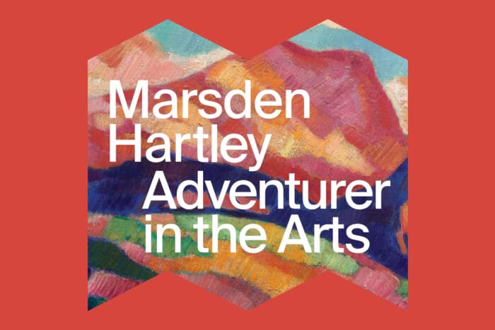 A red background with a cutout of Marsden Hartley's Mont Sainte-Victoire painting with 