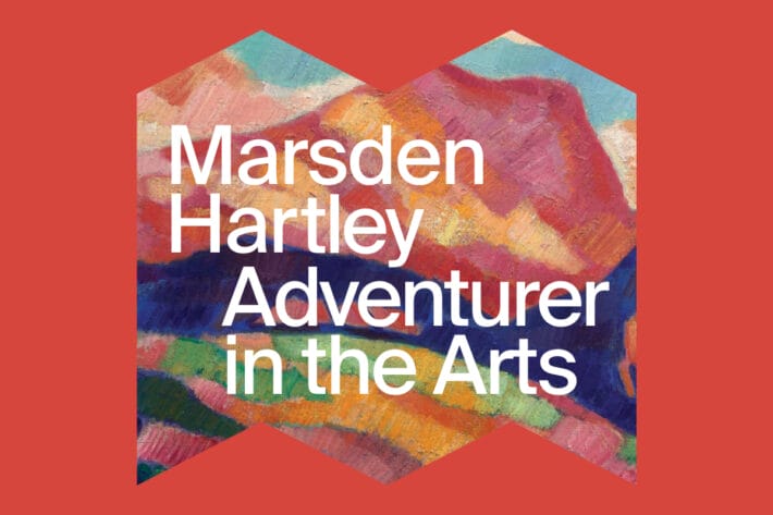 A red background with a cutout of Marsden Hartley's Mont Sainte-Victoire painting with 