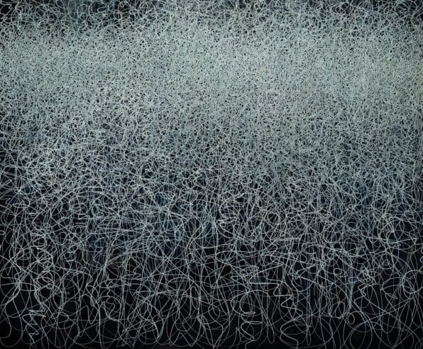 Overlapping white lines on a dark background. The lines form an abstracted cluster along the top of the artwork, densely packed in the middle and loosening toward the edges, creating a sense of motion and intensity.