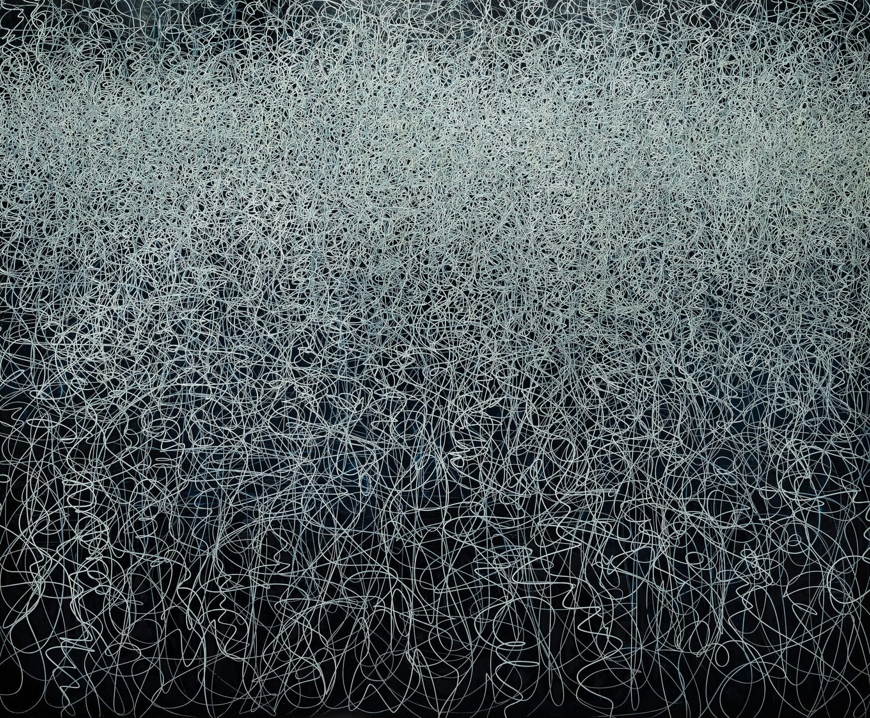 Overlapping white lines on a dark background. The lines form an abstracted cluster along the top of the artwork, densely packed in the middle and loosening toward the edges, creating a sense of motion and intensity.