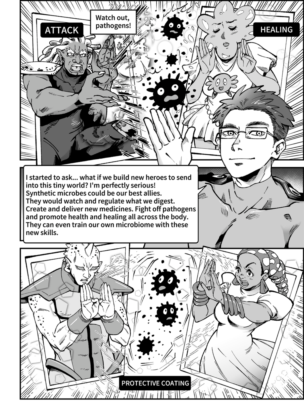 A black and white comic book panel shows Dr. Harris Wang, a man with glasses and short, dark hair, gesturing with his hands. Above him, two large, anthropomorphic microbes, one muscular and one with flowing hair, fight smaller, spiky pathogens labeled