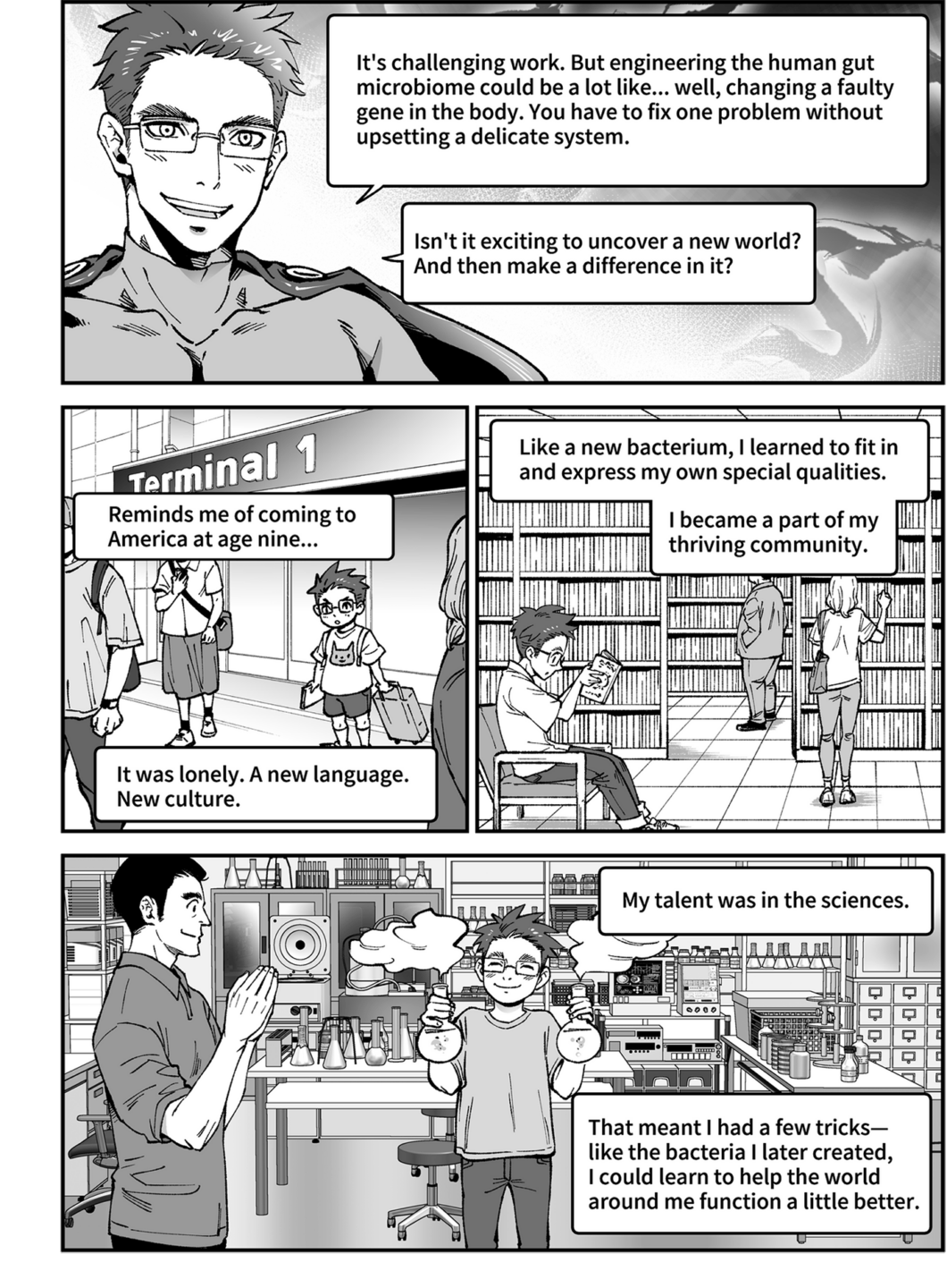 A black and white comic page composed of four panels. The top panel shows Dr. Harris Wang, a man with glasses, smiling and speaking. The second panel is split into two, showing a young boy with glasses at an airport labeled