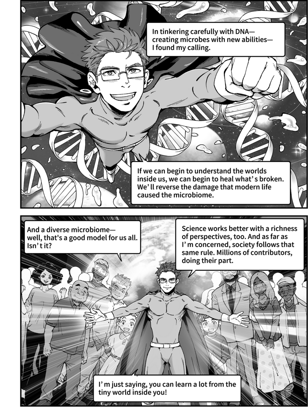 A two-panel comic in black and white. The top panel depicts Dr. Harris Wang, a man with glasses and a superhero costume, flying with his arms outstretched against a background of swirling DNA strands and planets. The bottom panel shows Dr. Wang standing with arms spread, surrounded by a diverse group of people, all looking towards him, with light rays emanating from behind him.