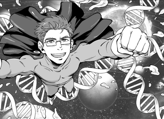 A black and white comic illustration shows a smiling man in a superhero suit and cape flying through space, surrounded by swirling DNA strands and planets.
