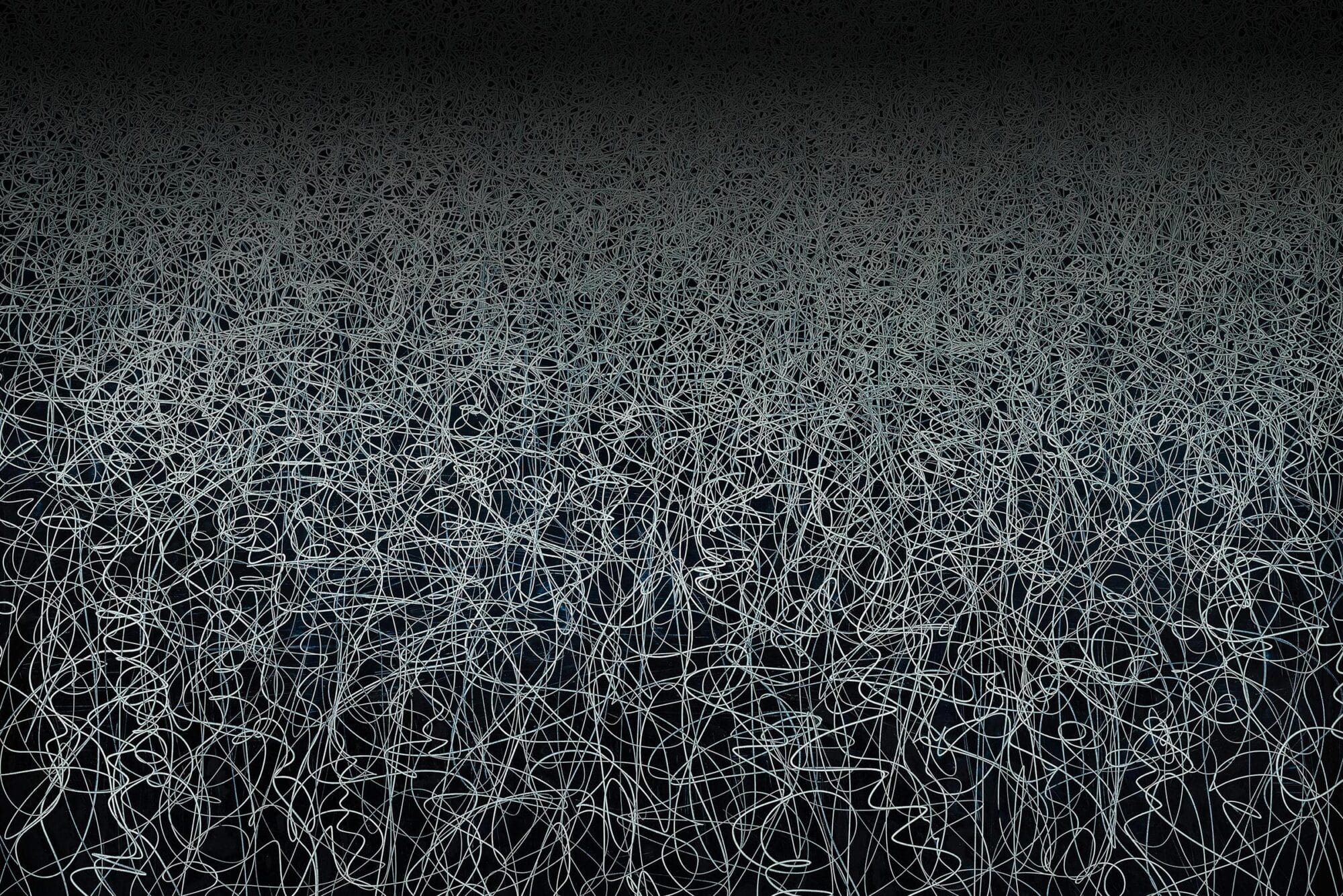 Il Lee's IW-2201 work with dense white looping lines that fill the entire image, gradually becoming lighter and more concentrated toward the top, creating a textured, abstract pattern on a dark background.