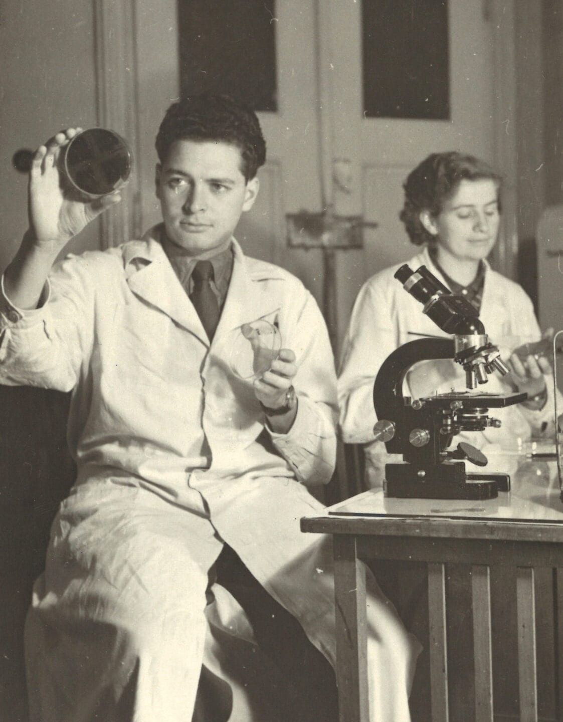 Jan Vilcek examining bacterial cultures.